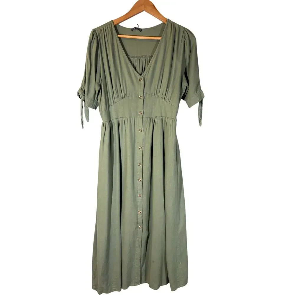 &Merci Sage Green Linen Midi Button Front Peasant‎ Dress Large Fit Flare Casual - Picture 3 of 14